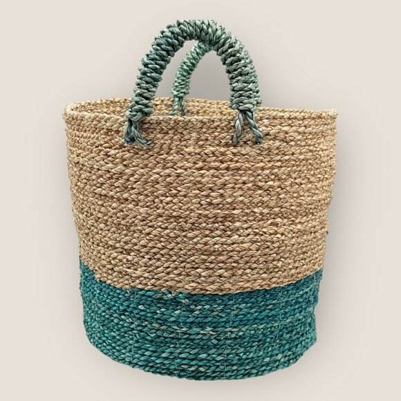Woven Seagrass 10 in Basket With Handles Natural and Teal Two-Tone Boho Design - Picture 2 of 6